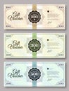 Set of gift voucher template various value - 100 dollars, 300 dollars and 500 dollars. Royalty Free Stock Photo